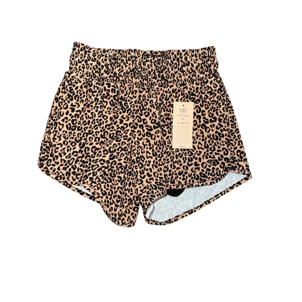 Albion Fit Pursuit Lunge Shorts Leopard Print Smocked Waist Athletic Women S NWT